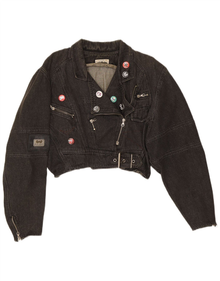 Vintage γυναικείο υπερμεγέθη Crop τζιν μπουφάν Biker UK 14 μεσαίο μαύρο βαμβακερό