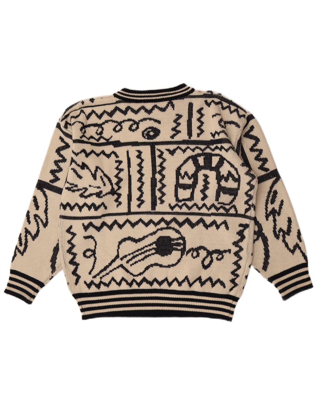 Vintage ανδρικό Abstract Pattern πουλόβερ με λαιμόκοψη μεγάλο μπεζ