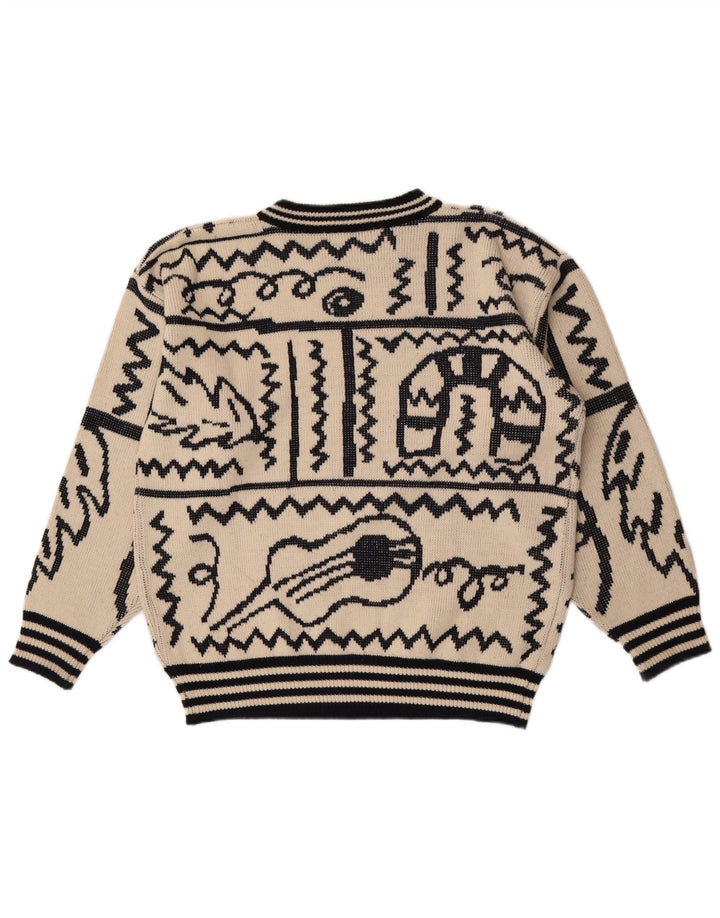 Vintage ανδρικό Abstract Pattern πουλόβερ με λαιμόκοψη μεγάλο μπεζ