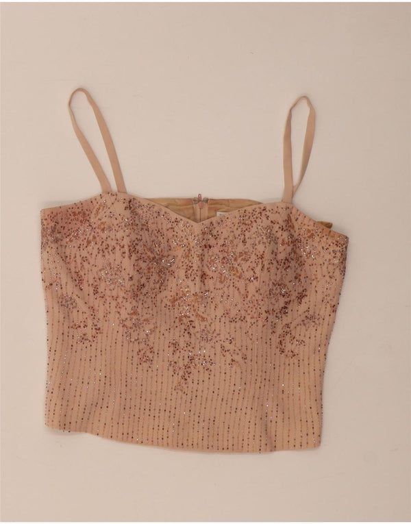 Musani Couture Womens Crop Cami Top 16 Large Beige Floral Triacetate