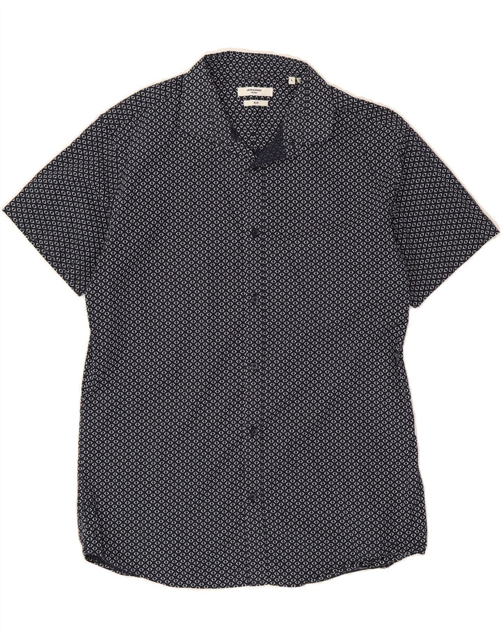 JACK & JONES Mens Slim Short Sleeve Shirt Large Navy Blue Spotted Vintage Jack & Jones and Second-Hand Jack & Jones from Messina Hembry 