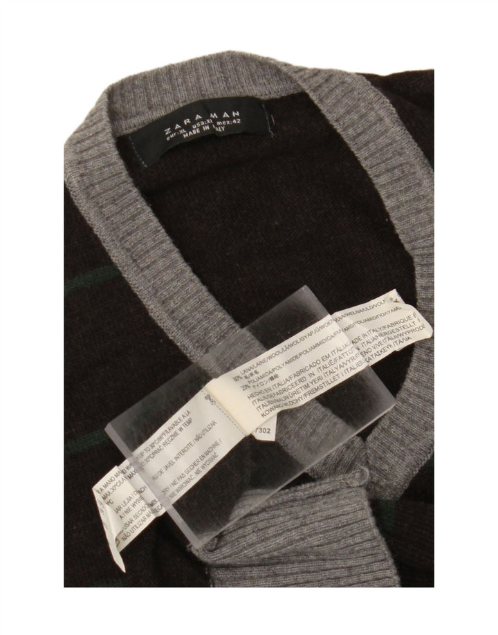 ZARA Mens V-Neck Jumper Sweater XL Grey Striped Wool Vintage Zara and Second-Hand Zara from Messina Hembry 