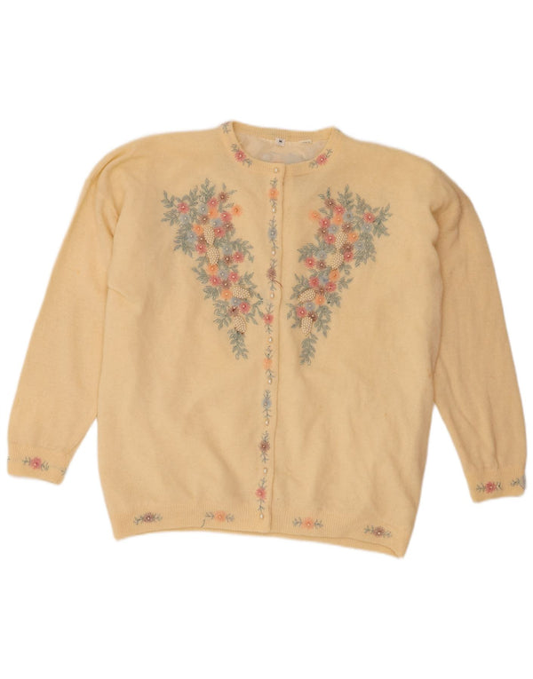 Vintage γυναικεία ζακέτα πουλόβερ UK 14 Medium Beige Floral Lambswool