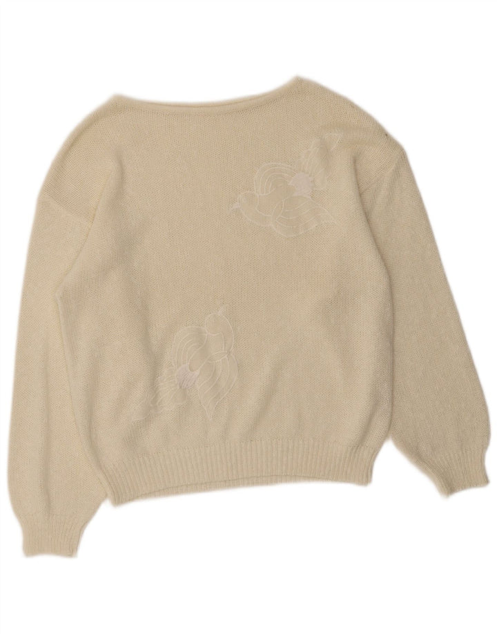 Vintage Γυναικείο Crop Graphic Boat Neck Jumper πουλόβερ EU 40 Medium White