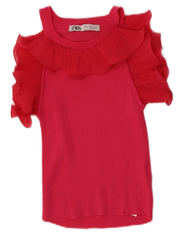 Zara Womens Crop Off Shoulder Μπλούζα Top UK 8 Small Pink Viscose