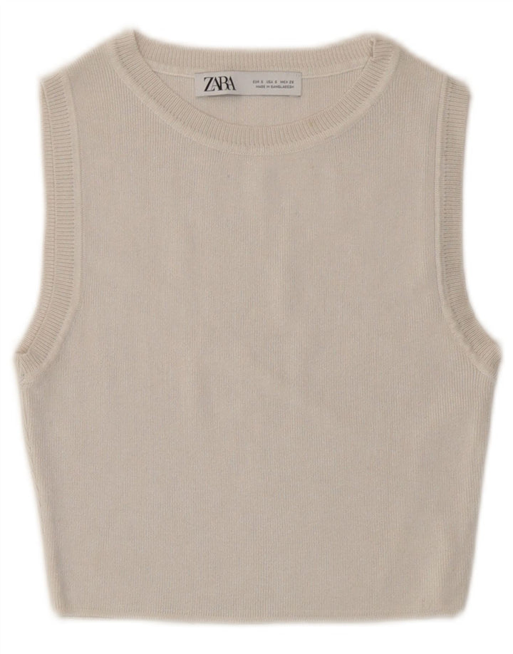 Zara Γυναικείο πουλόβερ Crop Top UK 8 Μικρή υπόλευκη βισκόζη