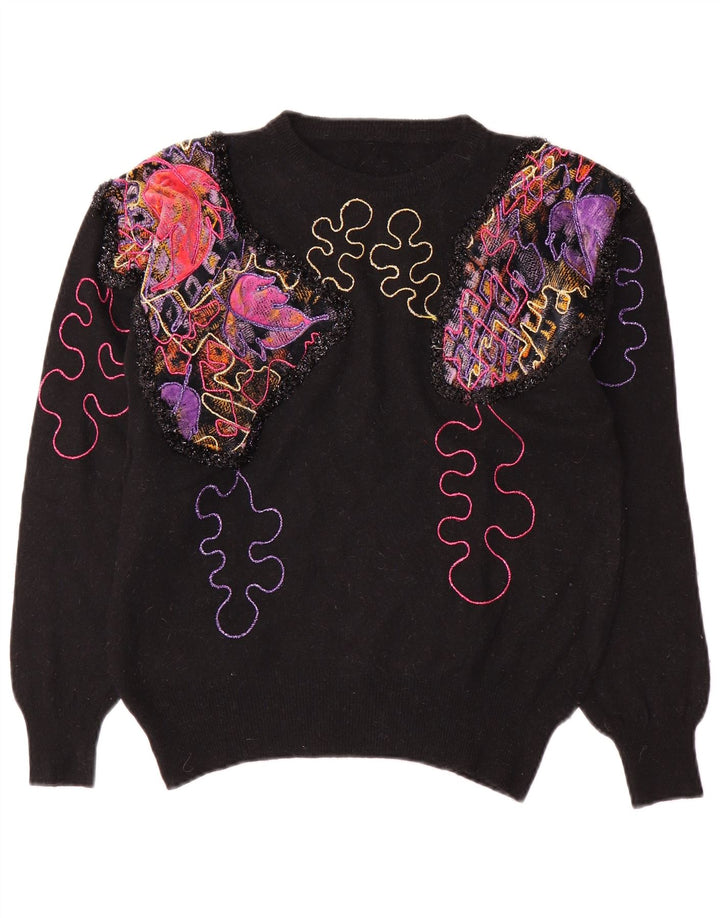 Vintage γυναικείο Abstract Pattern πουλόβερ με λαιμόκοψη UK 14 Medium Black