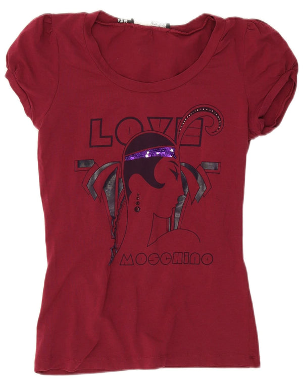 Γυναικείο γραφικό μπλουζάκι Moschino Top UK 12 μεσαίο μπορντό βαμβάκι