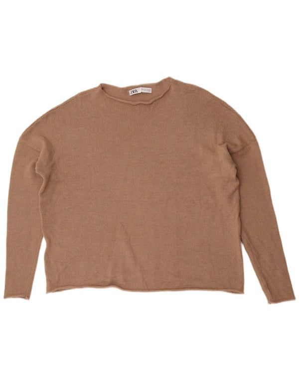Zara Womens Oversized Boat Neck Jumper Sweater UK 10 Small Beige Cotton