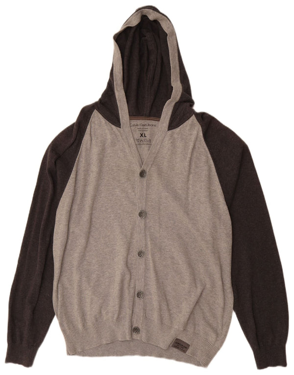 CALVIN KLEIN JEANS Ανδρικό πουλόβερ με κουκούλα ζακέτα XL Γκρι βαμβακερό χρώμα