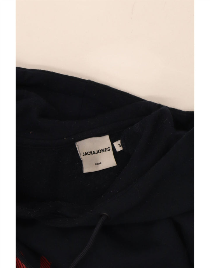 JACK & JONES Mens Graphic Hoodie Jumper Medium Navy Blue Polyester Vintage Jack & Jones and Second-Hand Jack & Jones from Messina Hembry 