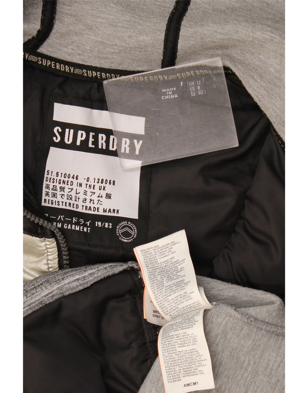 Superdry γυναικείο μπουφάν με κουκούλα με επένδυση UK 12 Medium Grey Colorblock Nylon