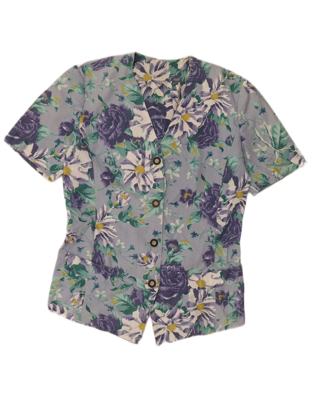 VINTAGE Γυναικείο κοντομάνικο πουκάμισο Μπλούζα UK 14 Μεγάλο Μπλε Φλοράλ