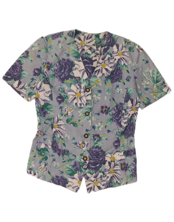 VINTAGE Γυναικείο κοντομάνικο πουκάμισο Μπλούζα UK 14 Μεγάλο Μπλε Φλοράλ