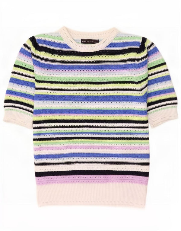 Marks & Spencer Γυναικείο πουλόβερ με λαιμόκαυστο UK 10 Small White ριγέ