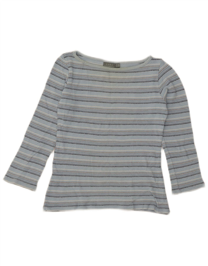 Zara Γυναικείο Crop Top 3/4 Sleeve UK 12 Medium Blue ριγέ