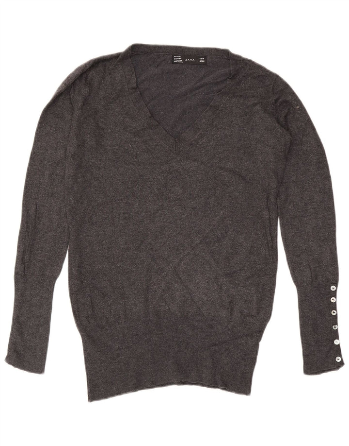 Γυναικείο πουλόβερ ZARA με V λαιμόκοψη UK 14 Medium Grey Rayon