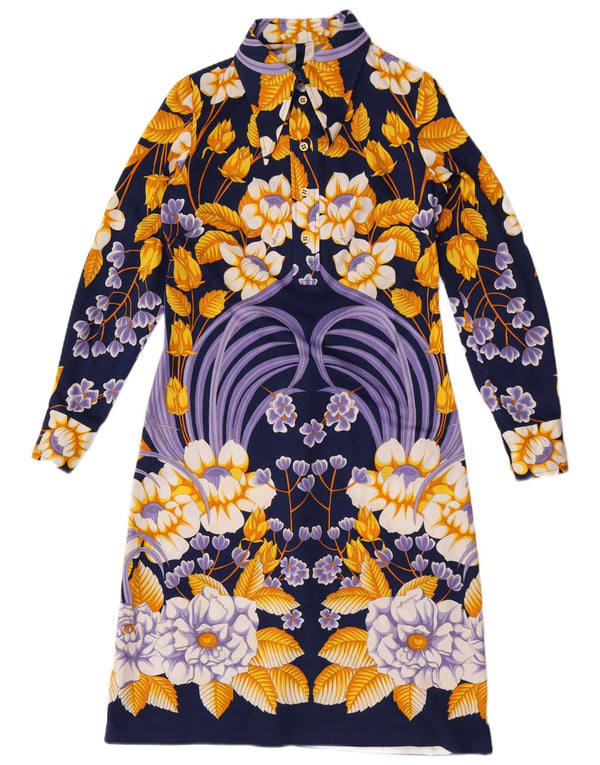 Vintage γυναικείο μακρυμάνικο φόρεμα A-Line UK 12 Medium Navy Blue Floral