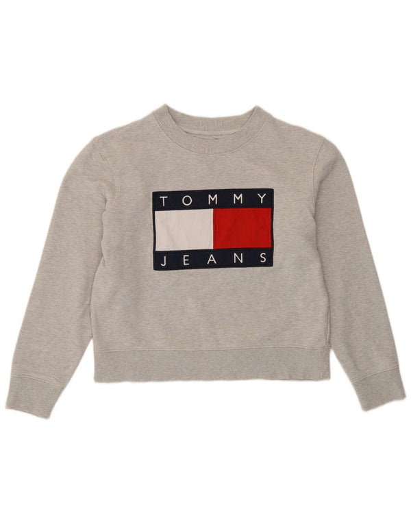 TOMMY HILFIGER Γυναικείο Crop Γραφικό Φούτερ Jumper UK 16 Large Grey