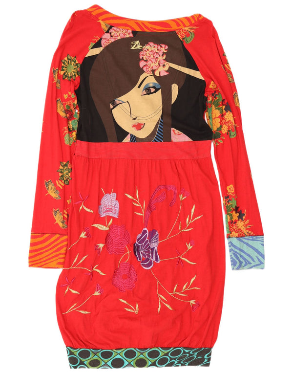 Desigual Γυναικείο μακρυμάνικο φόρεμα με φούσκα UK 18 XL κόκκινο φλοράλ βαμβακερό