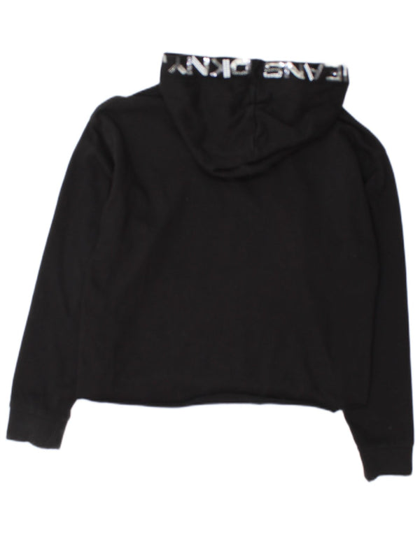Dkny Womens Crop Graphic Hoodie Jumper UK 14 Medium Black Cotton
