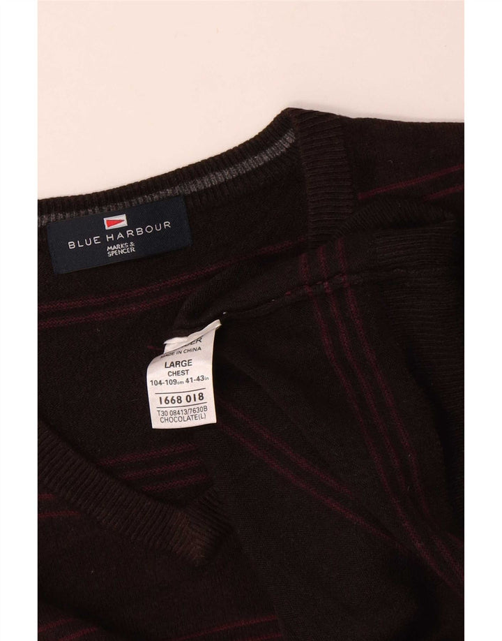 Ανδρικό πουλόβερ Marks & Spencer Blue Harbor με λαιμόκοψη με λαιμόκοψη μεγάλο, καφέ ριγέ