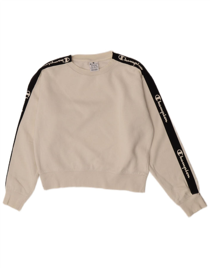 Champion Womens Crop Graphic Φούτερ Jumper UK 14 Medium Off White