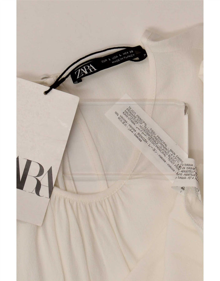 Zara Γυναικεία μπλούζα με 3/4 μανίκια Τοπ UK 14 Μεγάλη Λευκή Βισκόζη