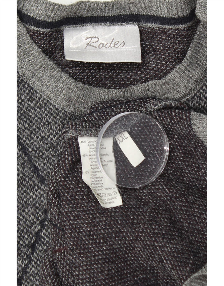 RODES Mens Crew Neck Jumper Sweater 2XL Grey Argyle/Diamond Wool