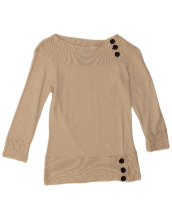 Marks & Spencer Womens 3/4 Sleeve Boat Neck Jumper Sweater UK 8 Small Beige