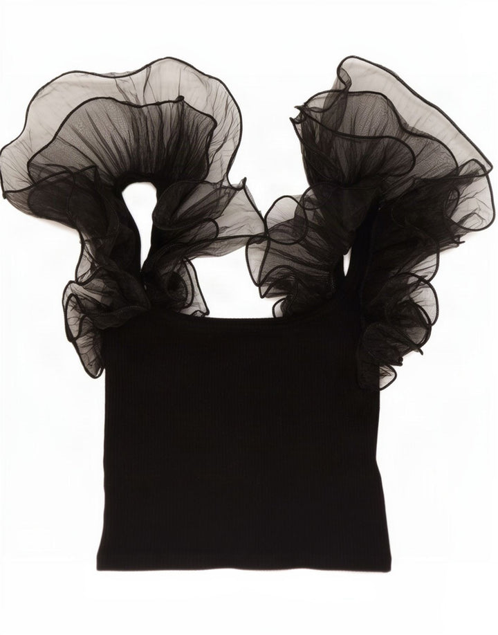 Zara Γυναικείο βολάν μπροστά Crop Top UK 12 Medium Black