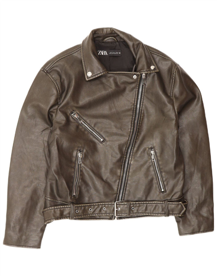 Zara Γυναικείο Δερμάτινο Μπουφάν Biker UK 10 Small Brown Polyester