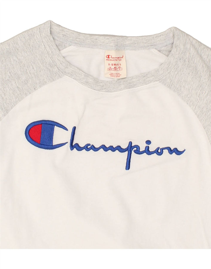 CHAMPION Womens Graphic Top Long Sleeve UK 6 XS White Colourblock Cotton | Vintage Champion | Thrift | Second-Hand Champion | Used Clothing | Messina Hembry 