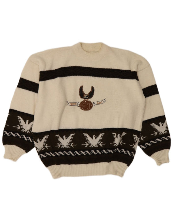 Vintage Mens Graphic Turtle Neck Jumper Sweater Large White Fair Isle
