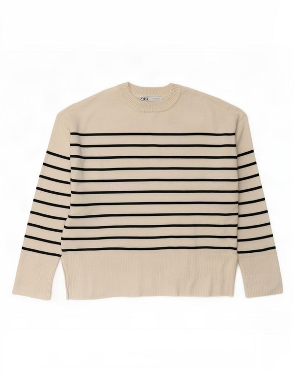 Zara γυναικείο πουλόβερ με λαιμόκοψη UK 10 Small Off White ριγέ