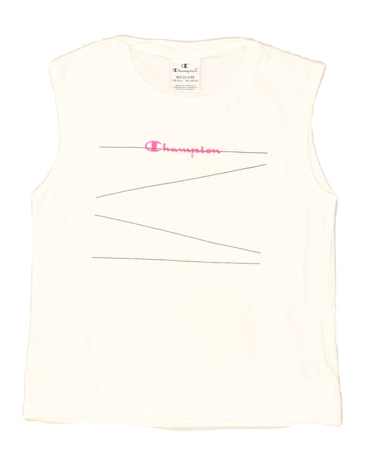 CHAMPION Girls Graphic Vest Top 9-10 Years Medium White Cotton | Vintage Champion | Thrift | Second-Hand Champion | Used Clothing | Messina Hembry 