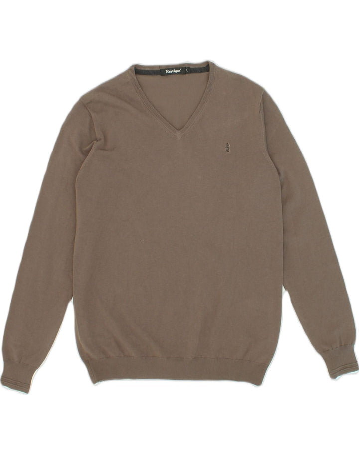 REFRIGUE Mens V-Neck Jumper Sweater Large Brown Viscose | Vintage Refrigue | Thrift | Second-Hand Refrigue | Used Clothing | Messina Hembry 