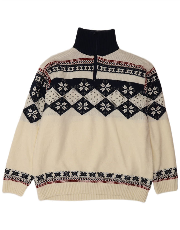 Vintage ανδρικό πουλόβερ με φερμουάρ μεγάλο λευκό Fair Isle Πολυακρυλικό