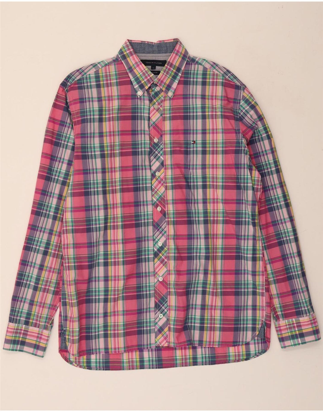 TOMMY HILFIGER Mens Custom Fit Shirt Large Pink Check Cotton Vintage Tommy Hilfiger and Second-Hand Tommy Hilfiger from Messina Hembry 
