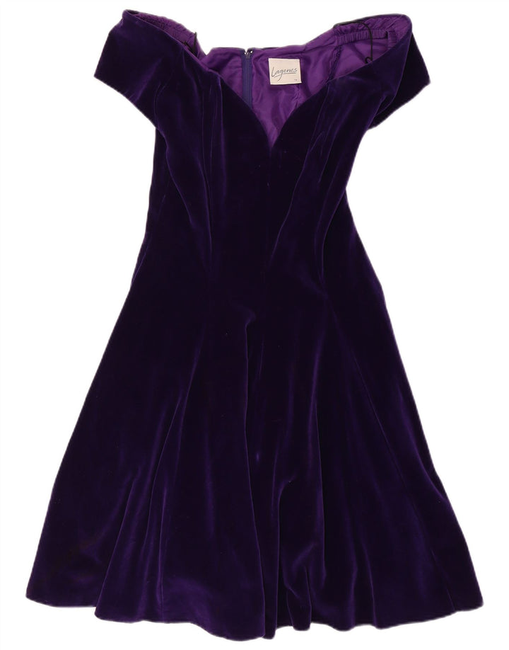 VINTAGE Γυναικείο Βελούδινο Φόρεμα UK 14 Βαμβακερό μεσαίο μωβ