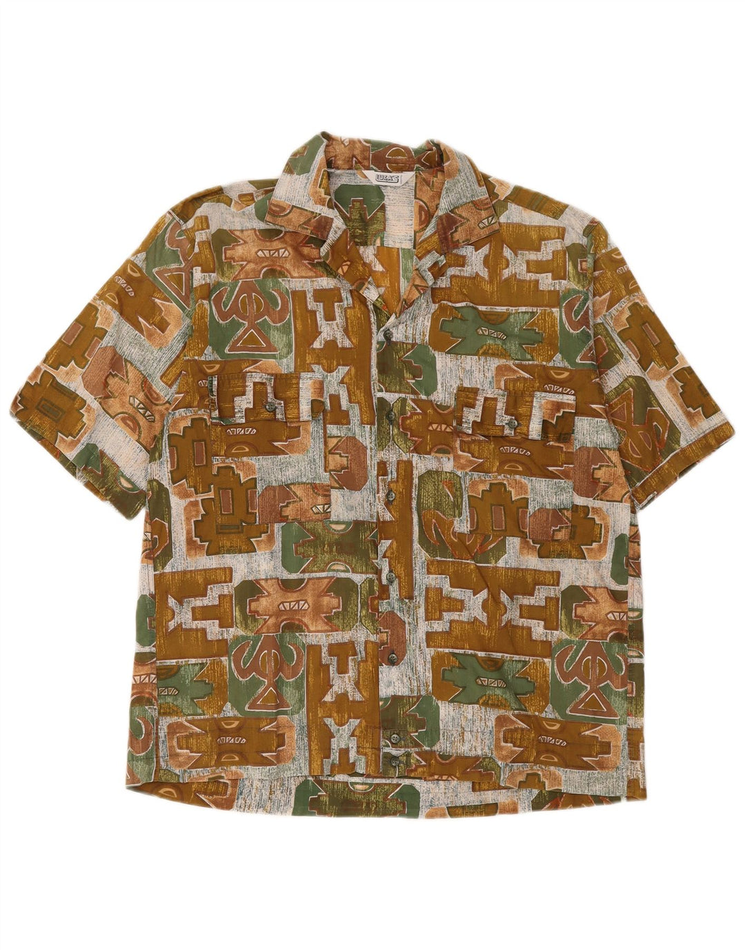 Vintage Ανδρικό κοντομάνικο πουκάμισο Μεσαίο Χακί Γεωμετρικό