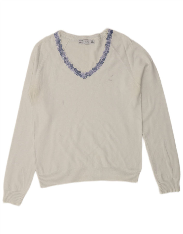 Γυναικείο πουλόβερ ZARA με V λαιμόκοψη UK 14 μεγάλο λευκό βαμβακερό