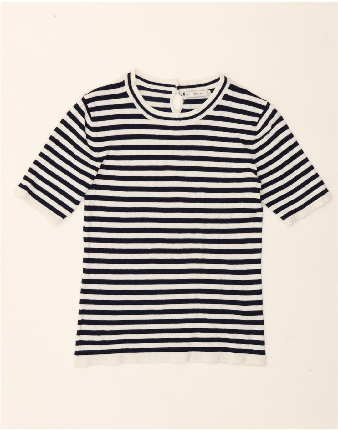 Zara Γυναικείο T-Shirt Top UK 12 Medium Navy Blue ριγέ