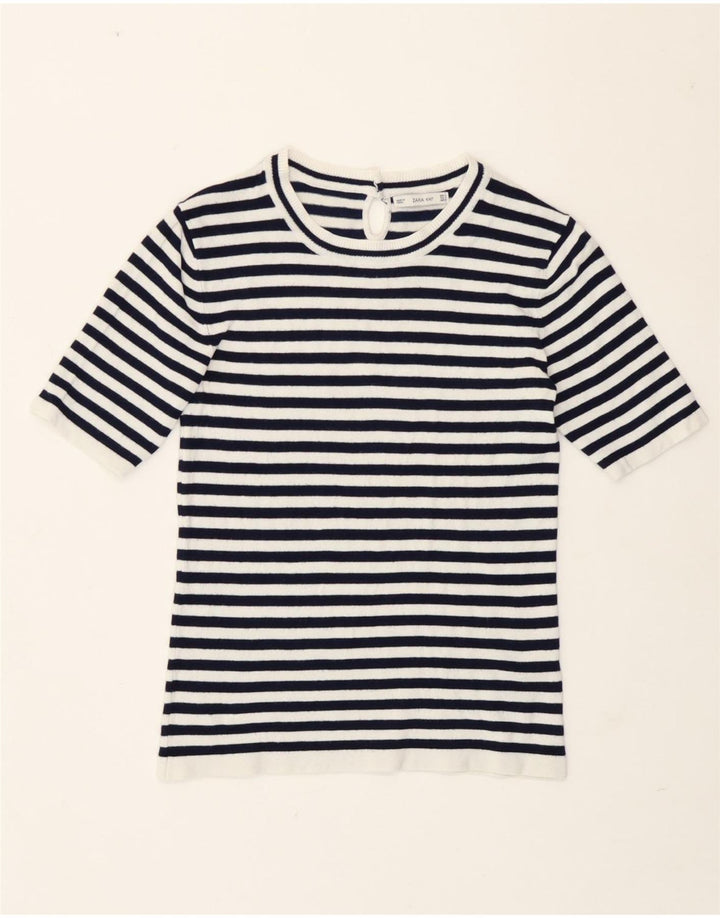Zara Γυναικείο T-Shirt Top UK 12 Medium Navy Blue ριγέ