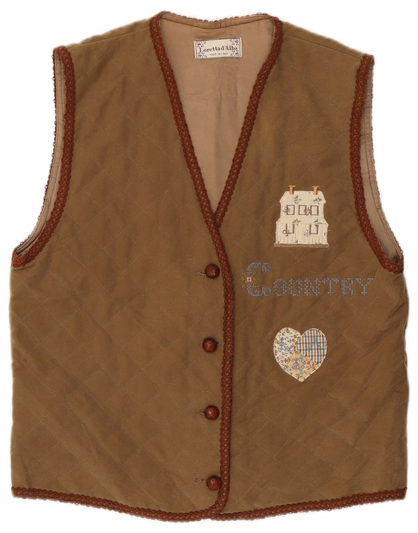 Vintage Womens Graphic Quilted Gilet IT 44 Medium Brown Cotton