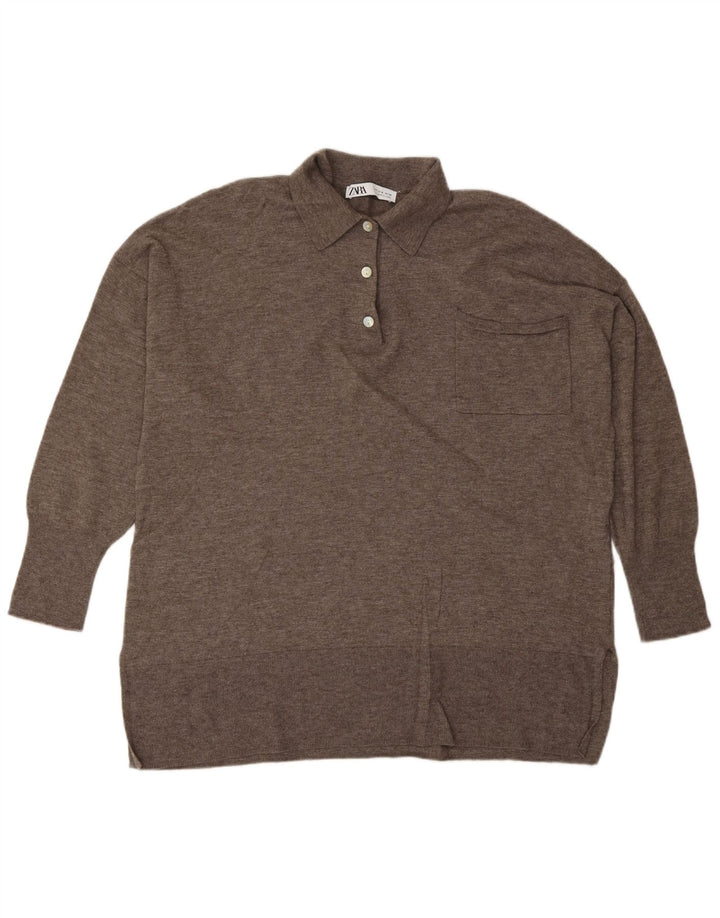 Γυναικείο πουλόβερ ZARA με λαιμόκοψη μεσαίου καφέ μαλλί