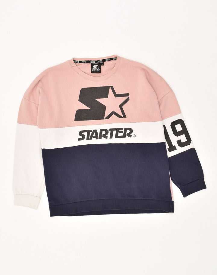 STARTER Womens Graphic Sweatshirt Jumper UK 14 Medium Pink Colourblock | Vintage Starter | Thrift | Second-Hand Starter | Used Clothing | Messina Hembry 