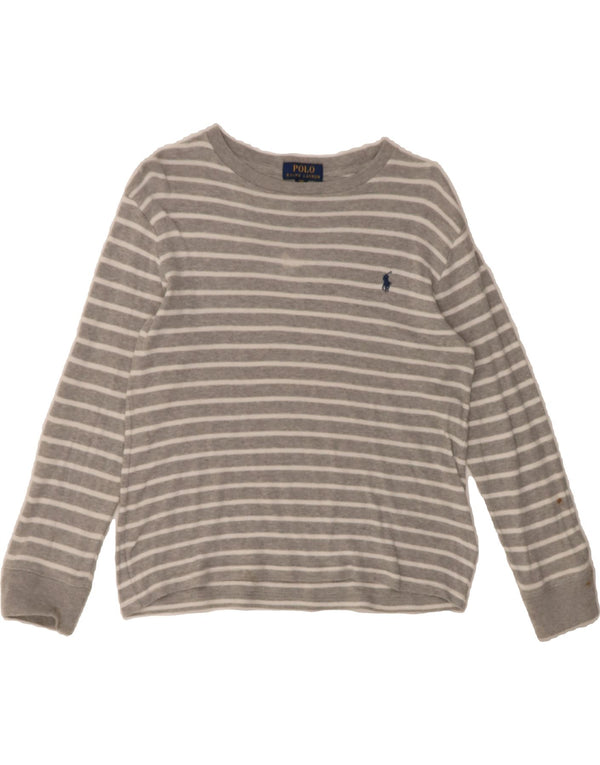 POLO RALPH LAUREN Girls Top Long Sleeve 7-8 Years Small Grey Striped