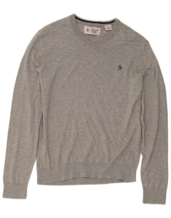 Penguin Mens V-Neck Jumper Sweater Medium Grey Cotton