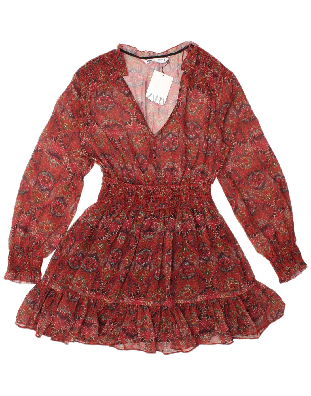 ZARA Γυναικείο See Through Μακρυμάνικο Τοπ UK 8 Small Red Floral